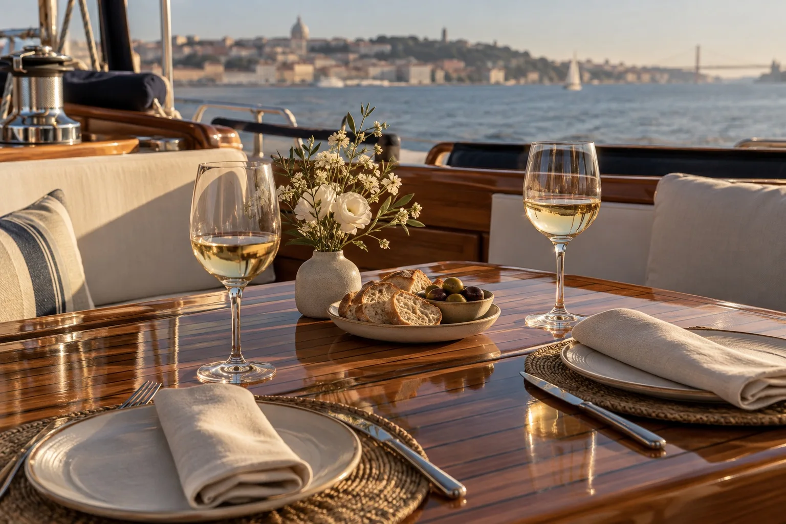 Illustrative linen table setting with wine and small plates aboard a sailing yacht.