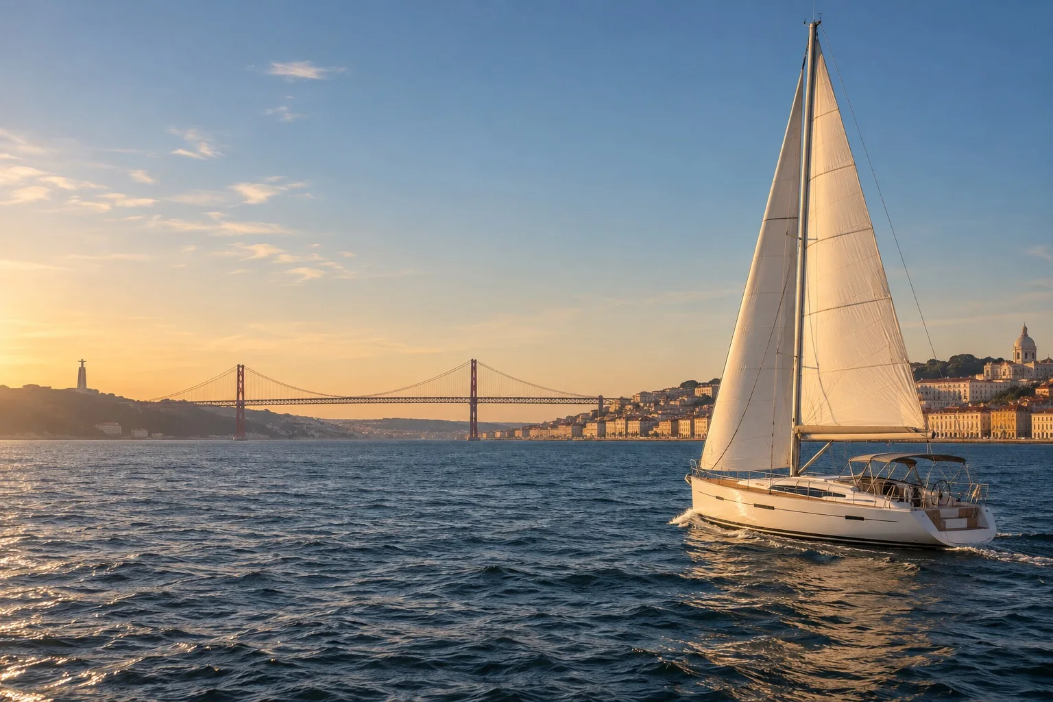 An illustrative private sailing yacht in golden light on the Tagus, with Lisbon beyond.